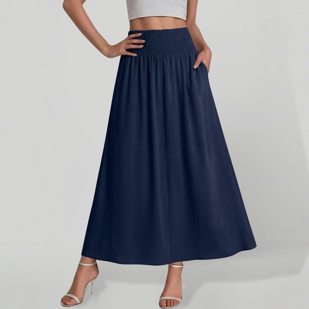 Women High Waist Loose A Line Maxi Skirt with Pockets Casual Solid Flared Elastic Waistband Long Skirt for Daily Wear