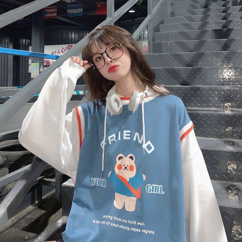 Spring Autumn Sweater Women Fake Two-piece Long-sleeved Hoodie Loose Boyfriend Wind Jacket Casual Thin T-shirt