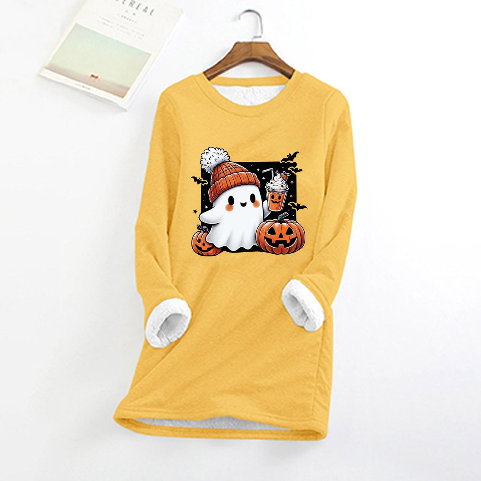 

Женский круглый вырез с принтом Хэллоуина, утолщенный плюшевый кашемировый теплый длинный топ XXL жёлтый