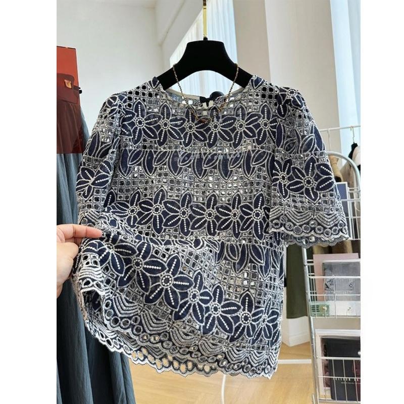 Summer Lace Hollow Out Short Sleeve Round Neck Blouse Women Elegant Embroidery Loose Fit Youthful Shirt