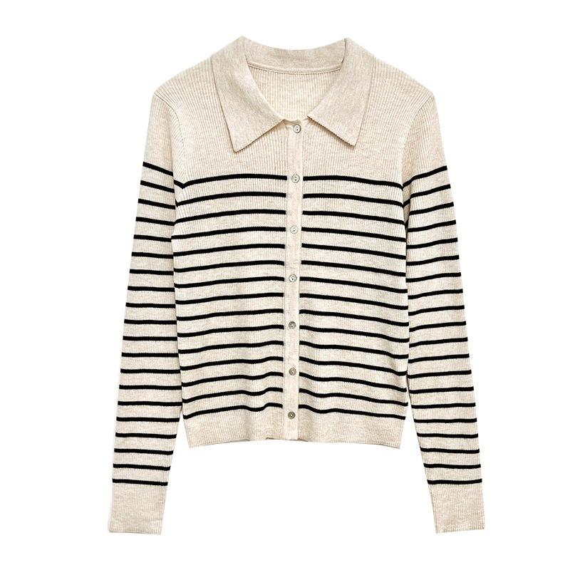 Zhao Lusi Style Striped Polo Collar Wool Knit Sweater - Women's Spring Slim Fit Long Sleeve Top