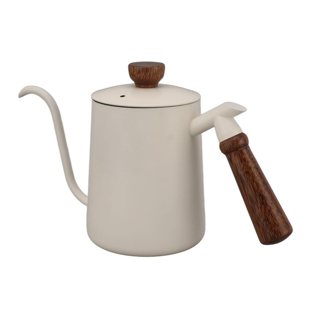 600ml Gooseneck Coffee Kettle 304 Stainless Steel Long Spout Kettle Wood Handle Pour Over Coffee Teapot White