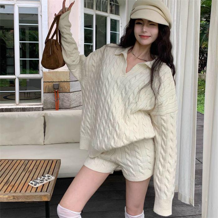 

Women s Casual Cable Knit Sweater & High-Waisted Shorts Set - Autumn/Winter One Size [80-130 jin] High Gram Weight кремовый/белый