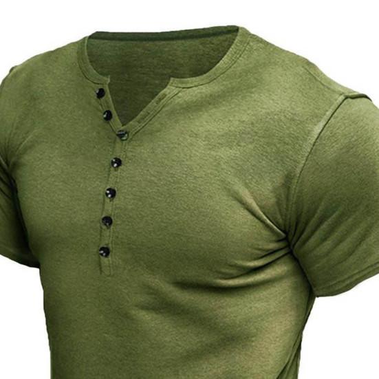 V-Neck Buttons Half Placket Short Sleeve Men T-shirt Summer Solid Color Simple Tee Shirt Streetwear