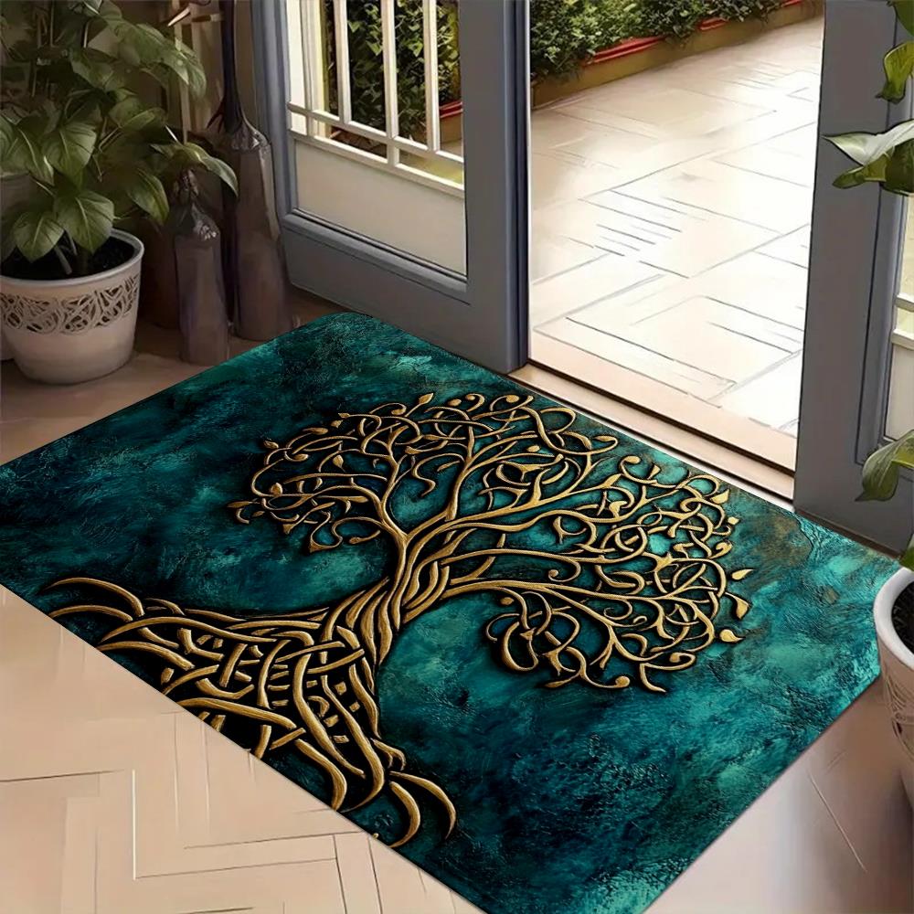 Celtic Knot Tree of Life Doormat, Dark Teal Gold Pattern Rug, Non-Slip Rubber Backed Door Carpet for All Seasons 40x60cm