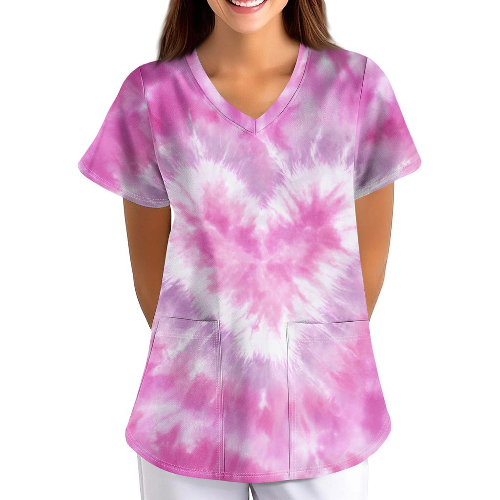 Plus SizePrinted Scrub Working Uniform Tops For Women's Cross V-Neck Print Short Sleeve Fun T-Shirts Workwear Tee With Pockets
