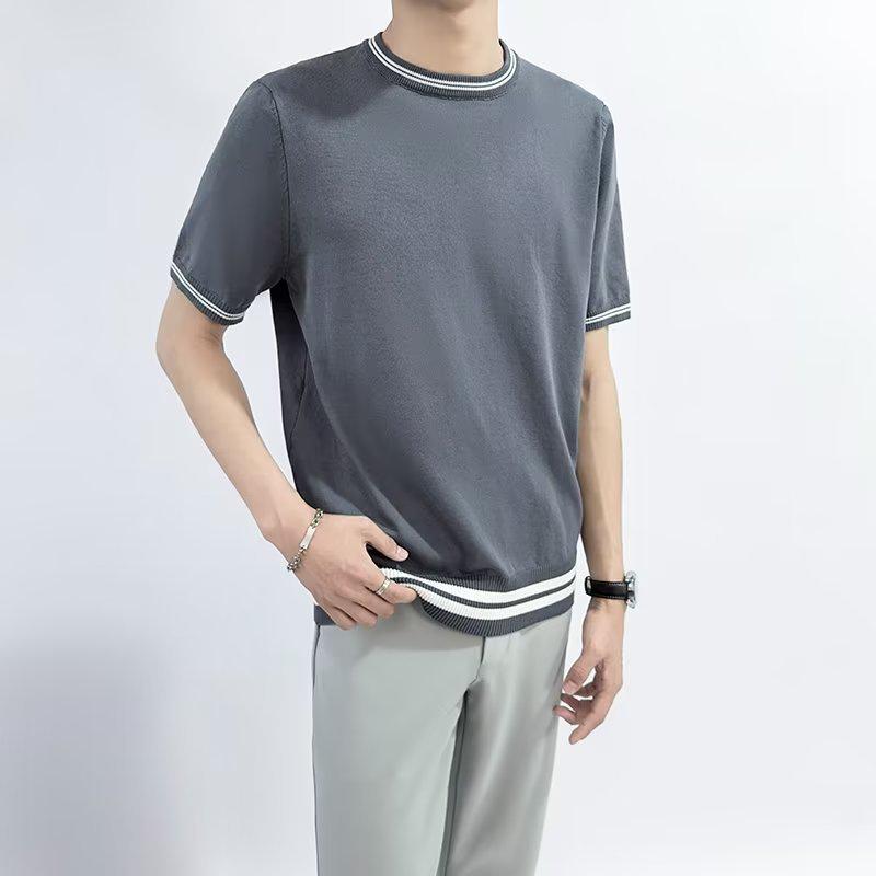 Men's Summer Slim Fit Knitted Sweater Tee - Korean Style Round Neck Short Sleeve Casual Top