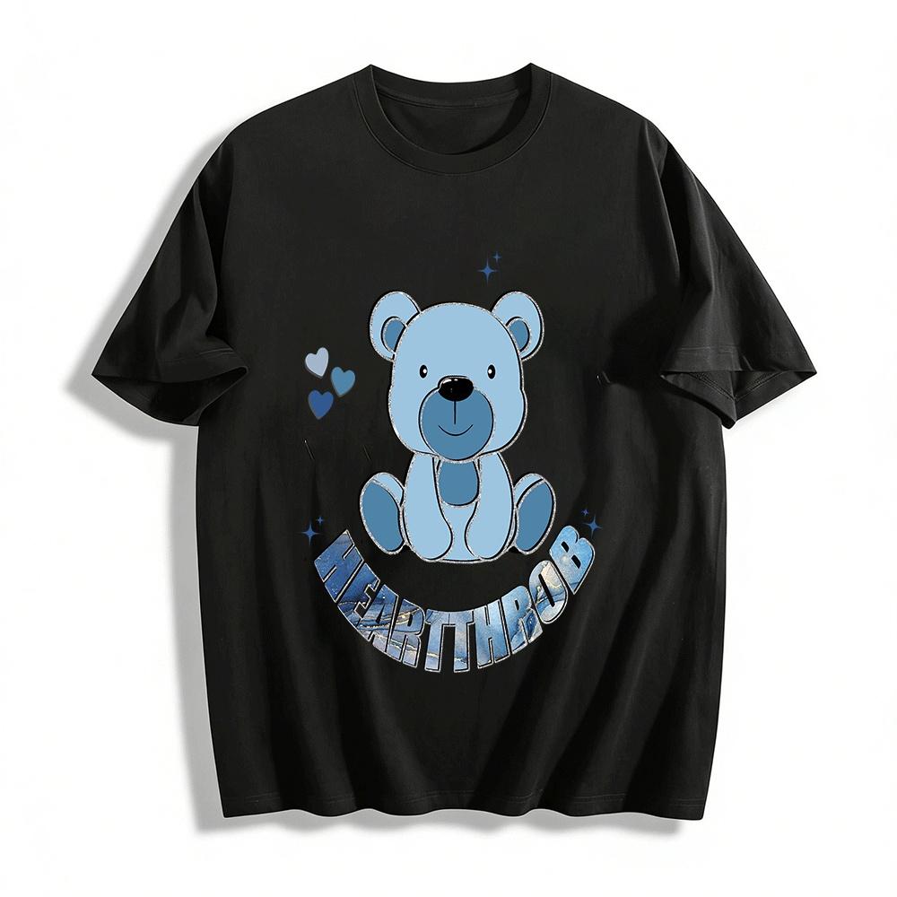 Cute Blue Bear Print Casual Top Unisex Loose Fit Versatile T-Shirt Pure cotton T-shirt XXS