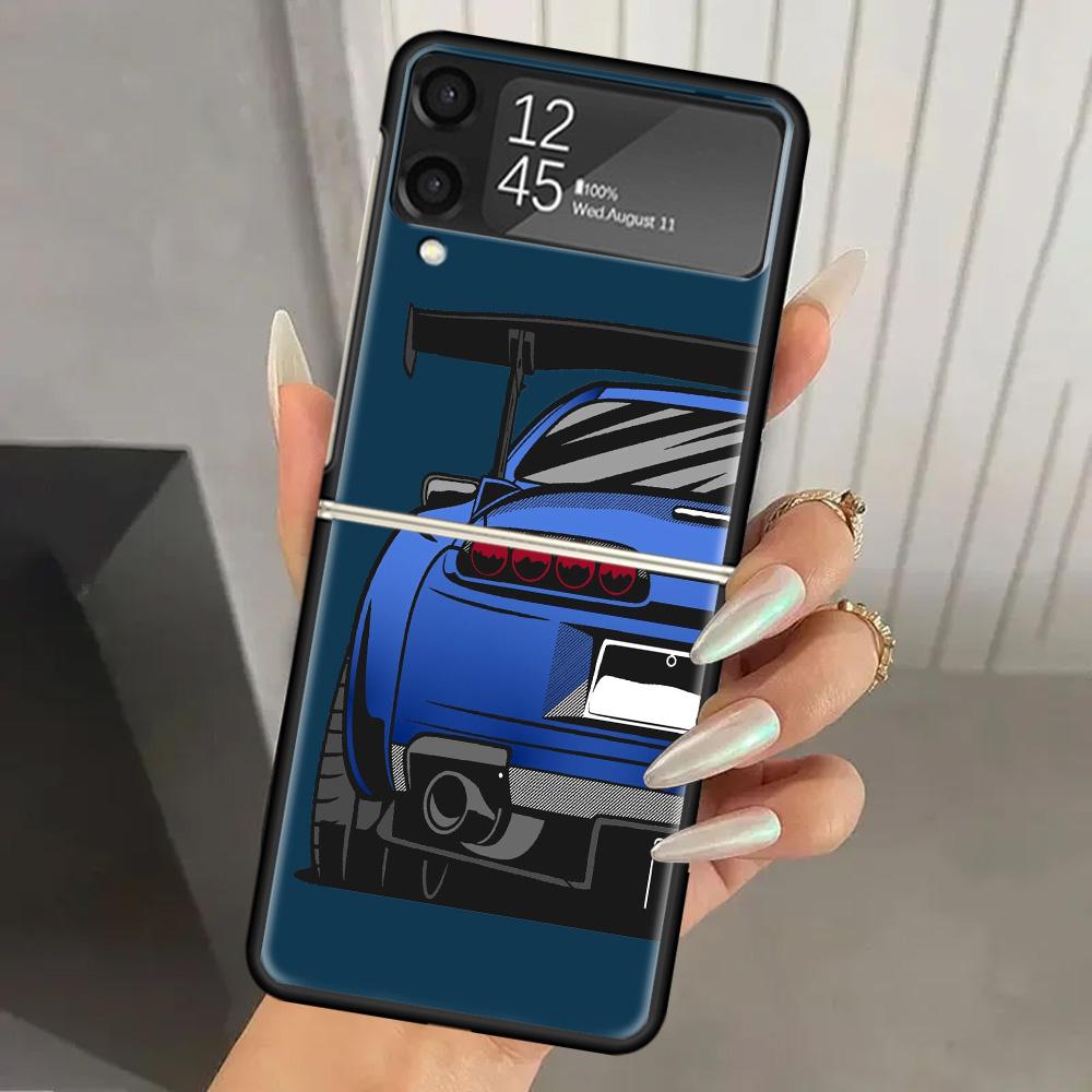 Japan JDM Sports Cars Comic Hard PC Phone Case For Samsung Galaxy Z Flip 7 6 5 4 3 Black ZFlip7 ZFlip6 Flip5 Flip4 Flip3 5G Prin