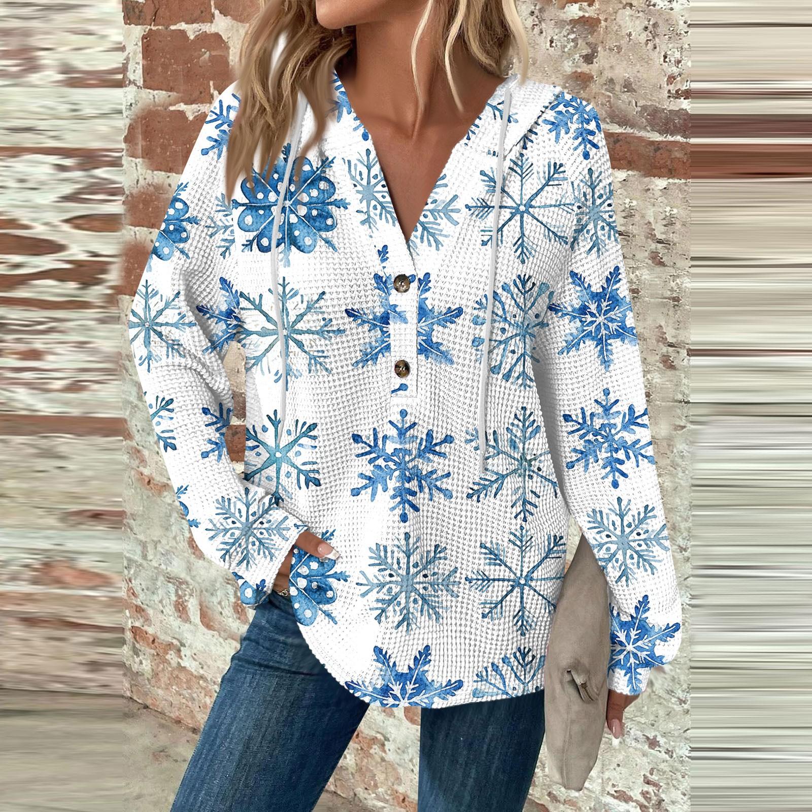 

Женская модная повседневная толстовка с длинным рукавом, завязками на пуговицы, V-образным вырезом, капюшоном и рождественским принтом M