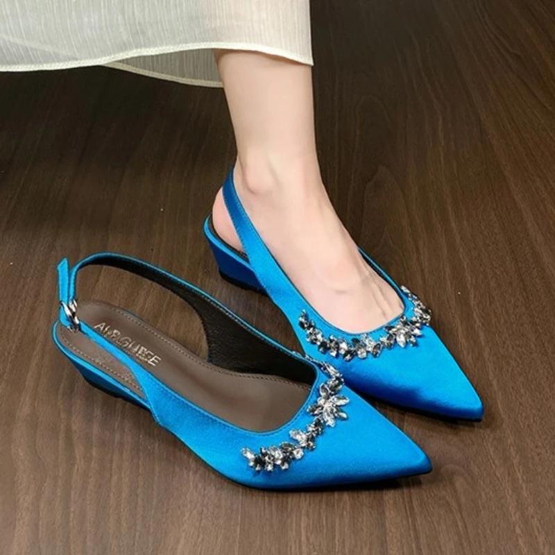 Crystal Women Mid Heels Sandals Wedges Pointed Toe Elegant Summer Woman Shoes 2025 Pumps Sandalias De Mujer