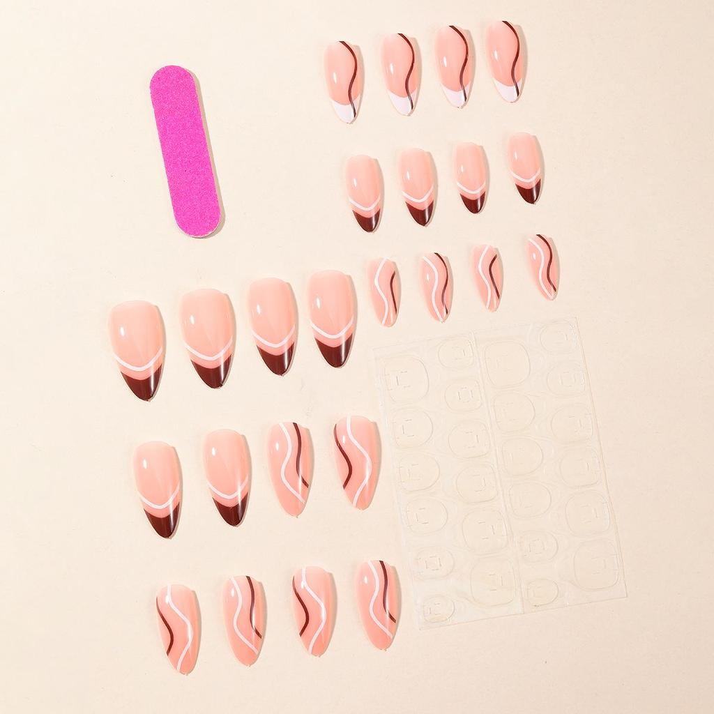 Brown Almond-Shaped French Tip False Nails with Irregular Lines, Removable Nail Art Patches