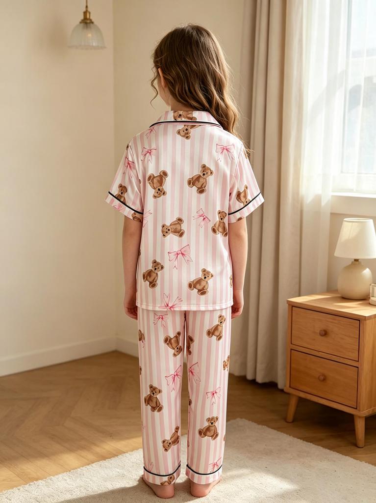Girls Pajama Set, Cute Bear Print Short Sleeve Button Down Top & Shorts, Pink Sleepwear Loungewear for Kids 8-13 Years