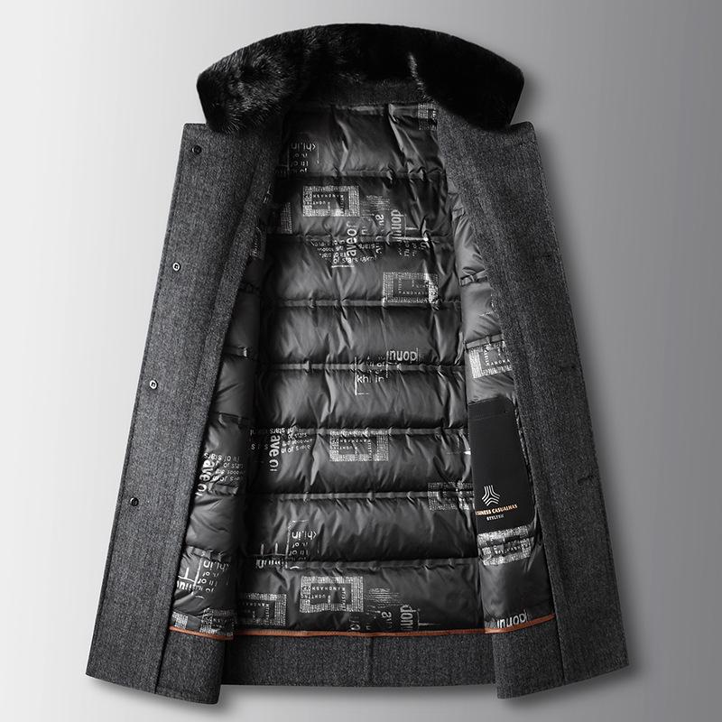 Herren Doppelseitige Wolljacke Abnehmbarer Weißer Entendaunen-Liner Nerz Stehkragen Mittel und Lang Wolle Wolljacke Business