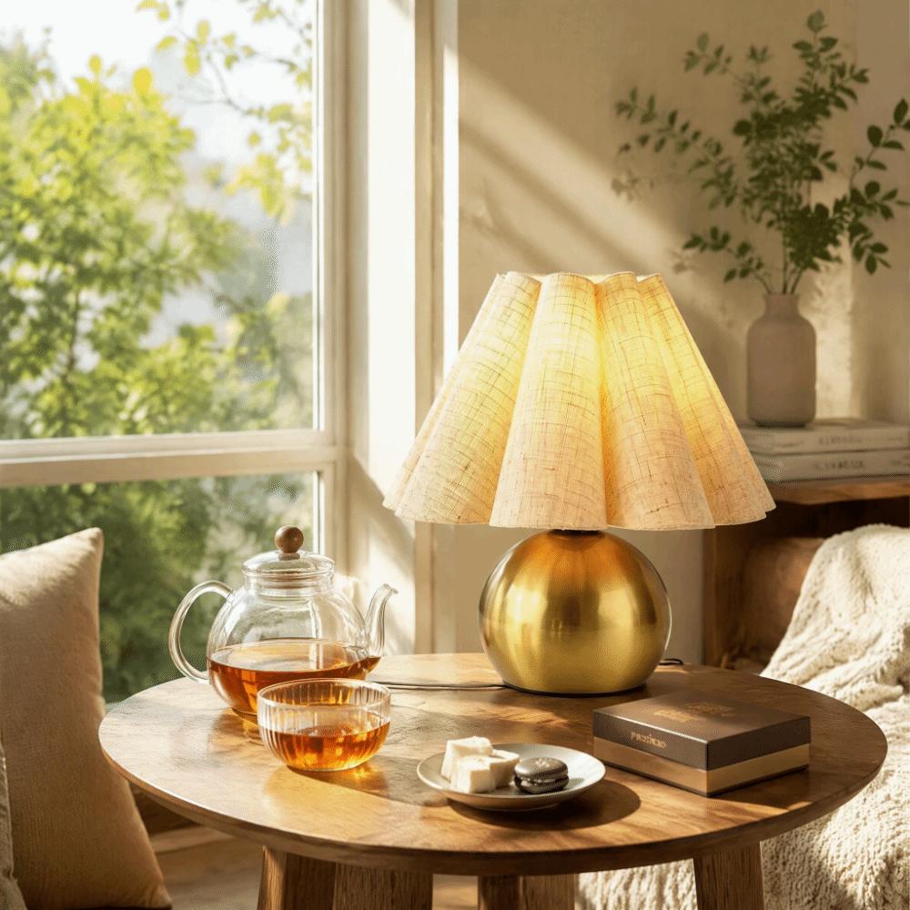 Brass Gold Table Lamp Walnut Wood Grain Night Light Shelves Ambient Night Light Living Room Decor