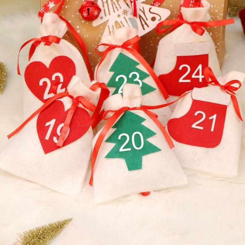 24 ST Festlig dragpåse Julparty presentpåse med numrerade etiketter Adventskalender i filt Nedräkningsdekoration