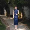 1011 new improved blue sleeveless national style new Chinese long young Jiangnan retro slim and thin cheongsam