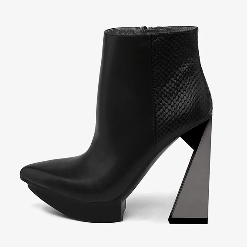 Fashion Brand Runway Style Mixed Color Banquet Cowhide Short Boots Sexy Pointed Waterproof Platform Irregular High Heels Ankle Boots