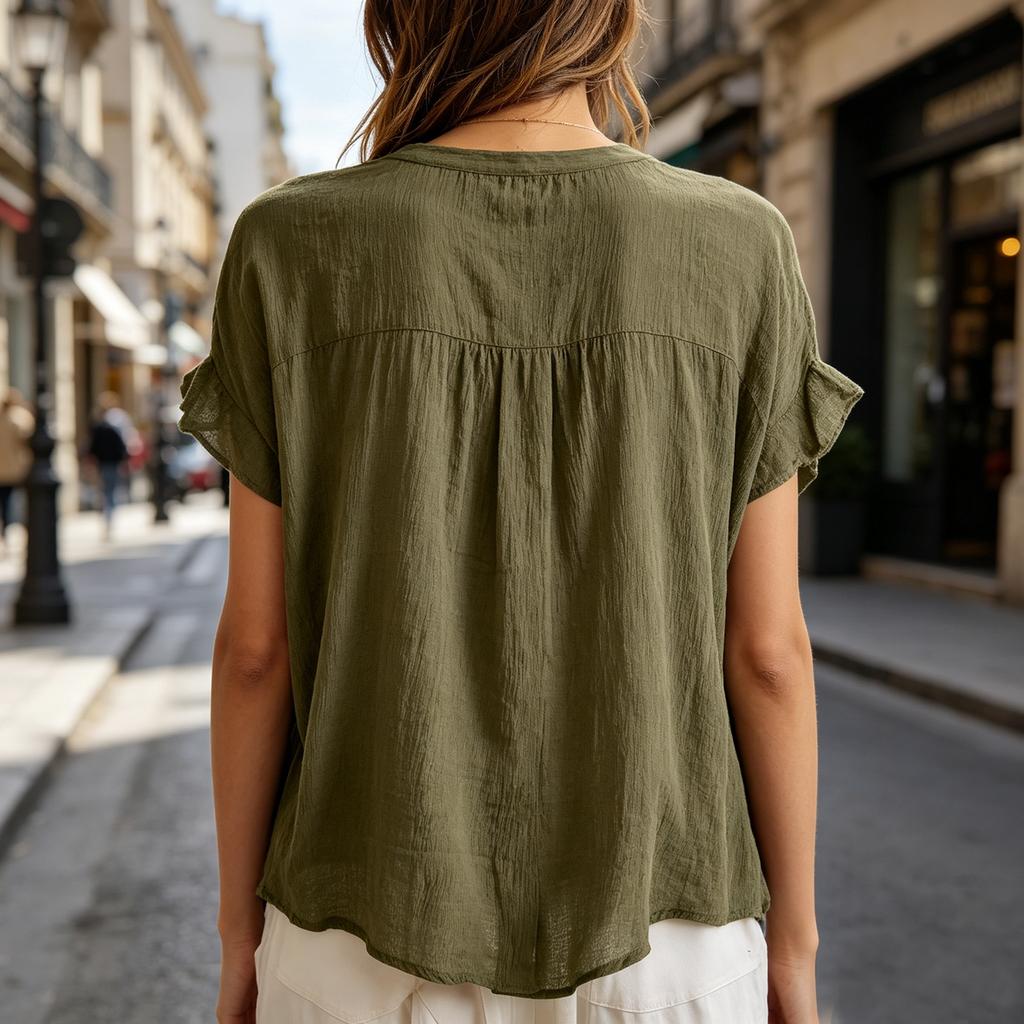 Womens Ruffle Trim Short Sleeve Button Front V Neck Blouse Lightweight Casual Top for Daily Wear