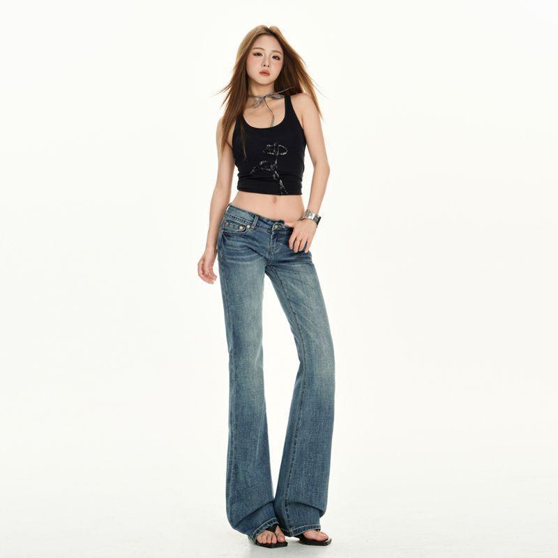 Pantalones Vaqueros Largos Azules Vintage de Otoño de Tiro Bajo con Bordado de Pata de Gato Elásticos de Pierna Ligeramente Acampanada Elegantes para Mujer Pantalones Vaqueros Casuales de Talla Grande