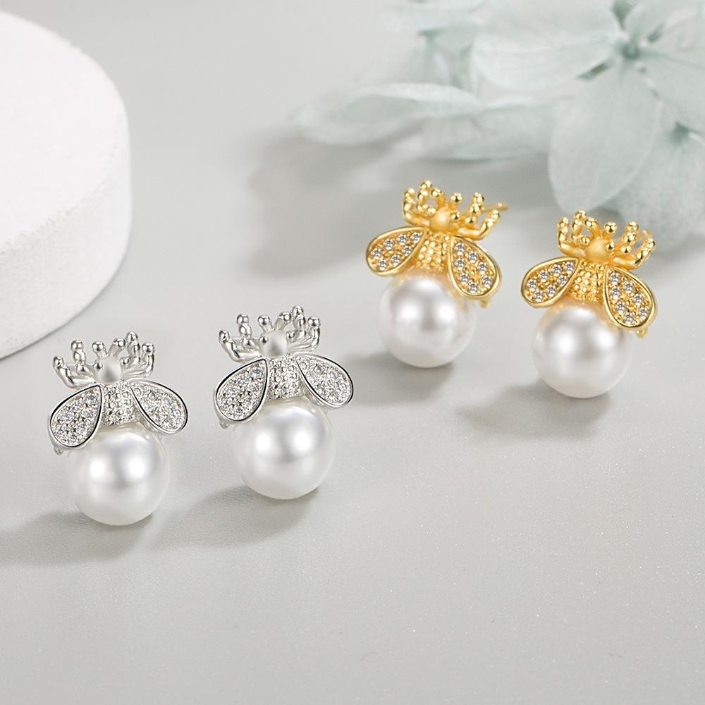 Animal Cute Female White Zircon Pearl Bee Stud Earrings Trendy Fashion Silver Gold Color Wedding Jewelry For Women