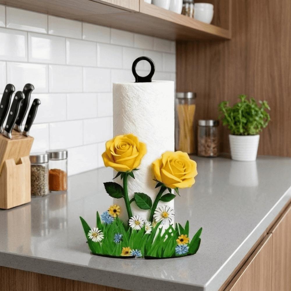 2D Flat Floral Tissue Holder Wooden Base Vertical Napkins Rack Practical Tissue Stand for Kitchen