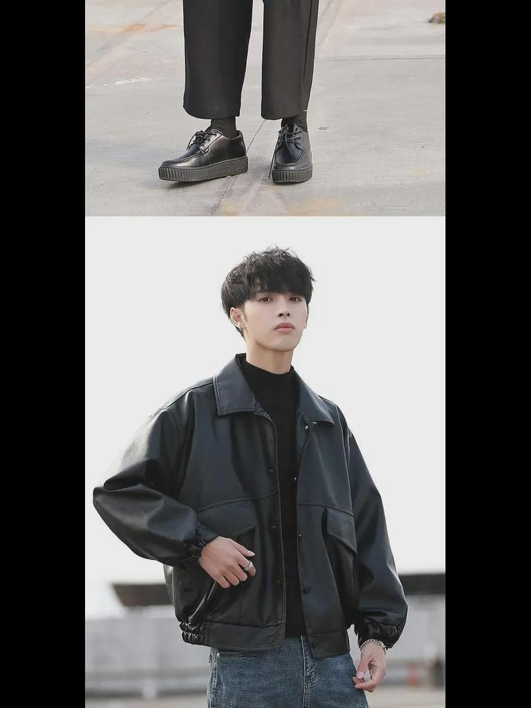 Trendige Herren-Motorrad-Pilotenjacke aus Leder im koreanischen Stil – lockere Passform, Frühlings-/Herbstmode