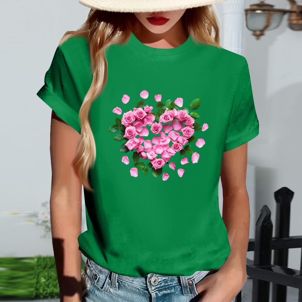 Women's Fashionable Round Neck Casual Retro Print Short Sleeved T-shirt Top