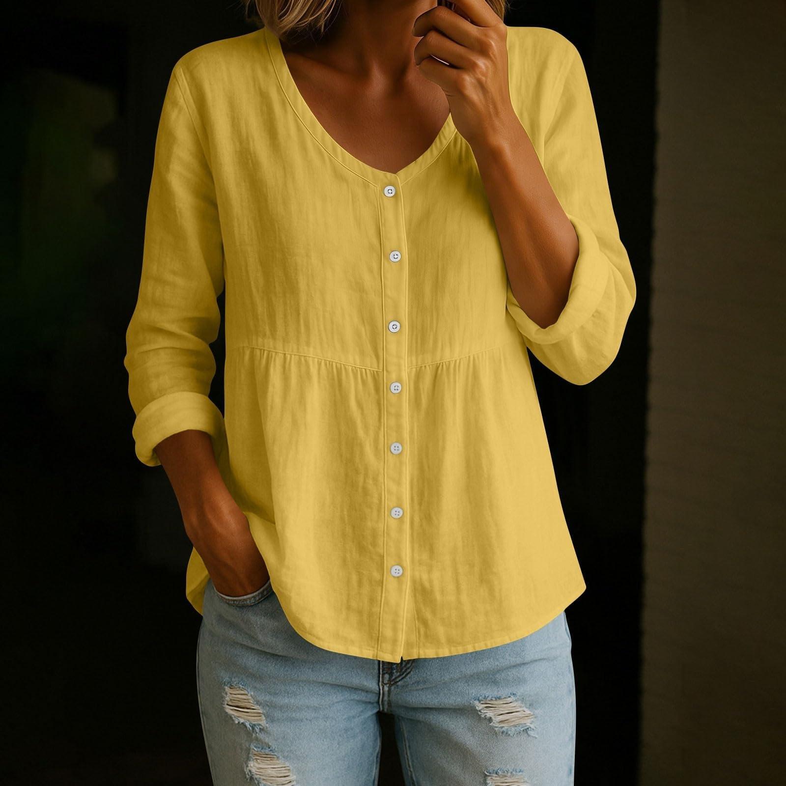 

Fashionable Women s V-Neck Linen Long Sleeve Shirt Loose Casual Button-Up Top For Spring And Commute XXXL жёлтый