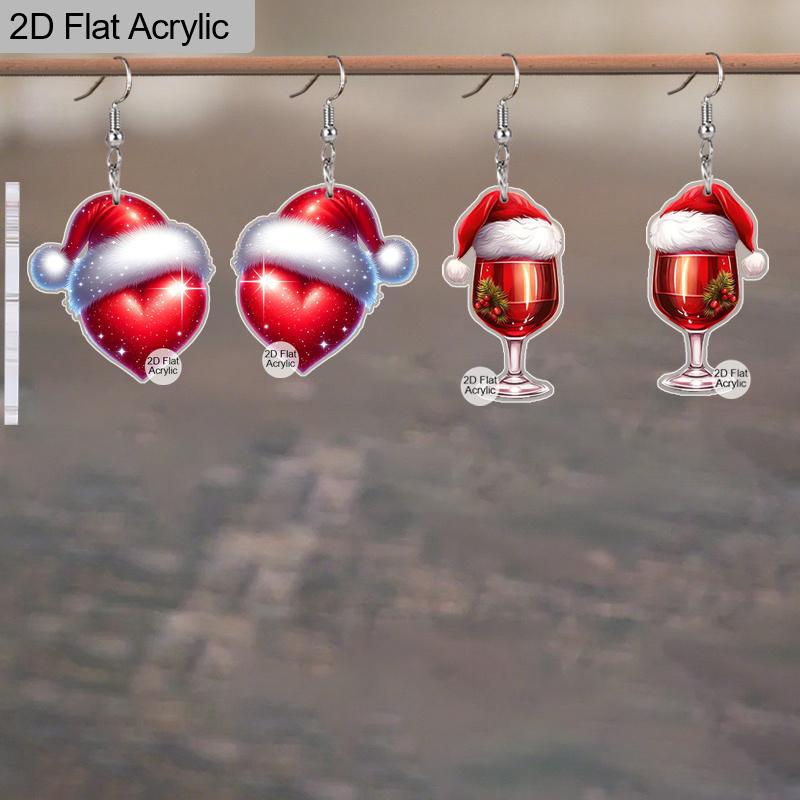 2D Flat 2pairs Y2K Fashion Christmas Hat Heart-Shaped Wine Glass Acrylic Dangle Earrings, Perfect Gift for Women, Christmas Party Jewelry