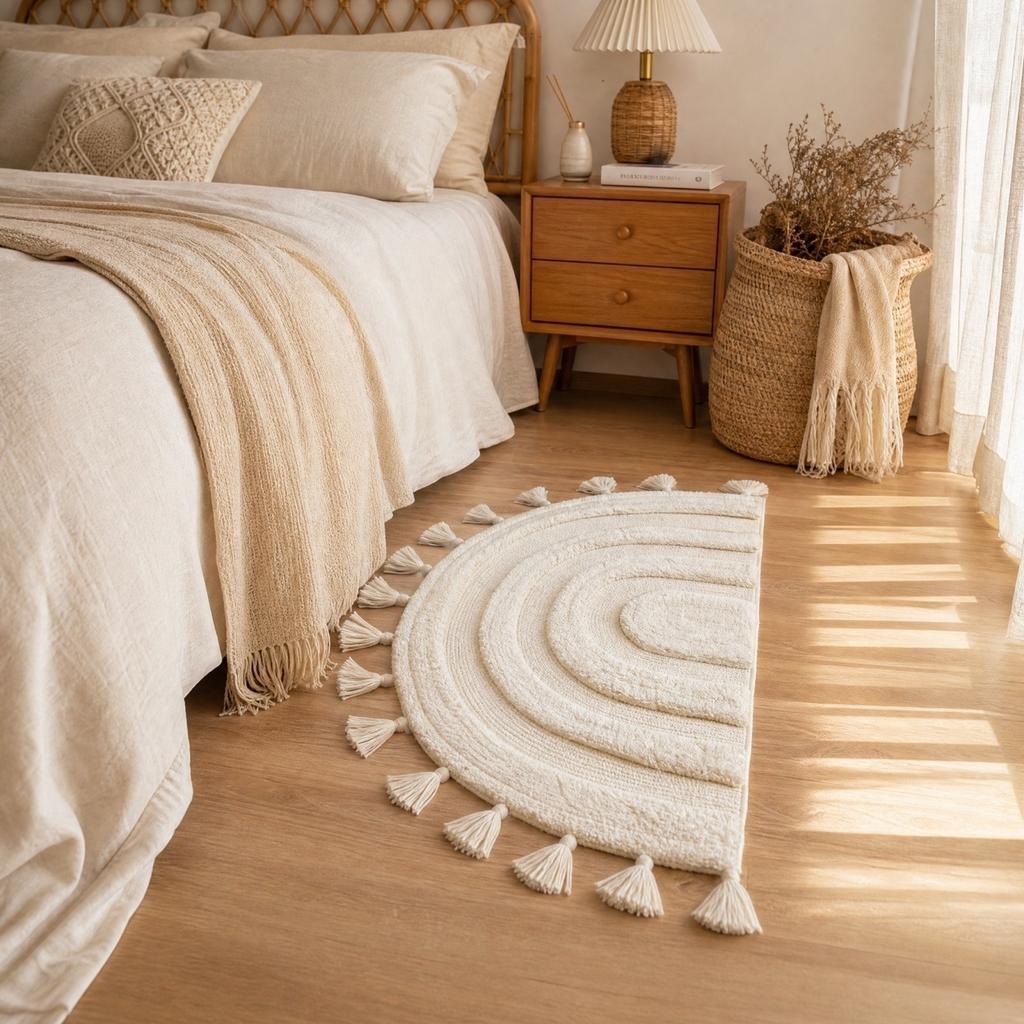 Arched Doormat with Tassels - Cotton Absorbent Non- for Bathroom Bedroom Entryway