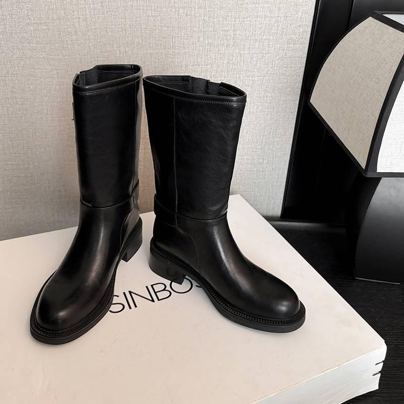

New women s leather boots round head versatile large size women s boots medium heel round head rubber platform high boots leather knight boots 40
