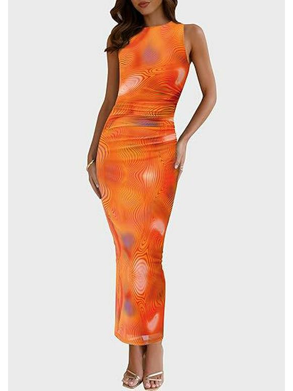 2024 Women's Floral Ruched Mesh Bodycon Dress - Sleeveless, Round Neck