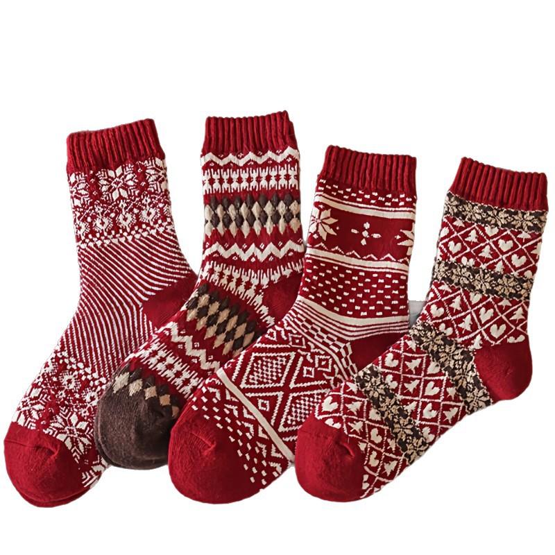 New Year Red Socks for Children, Fair Island Vintage Christmas Mid-calf Socks, Winter Thick and Warm Wool Socks
