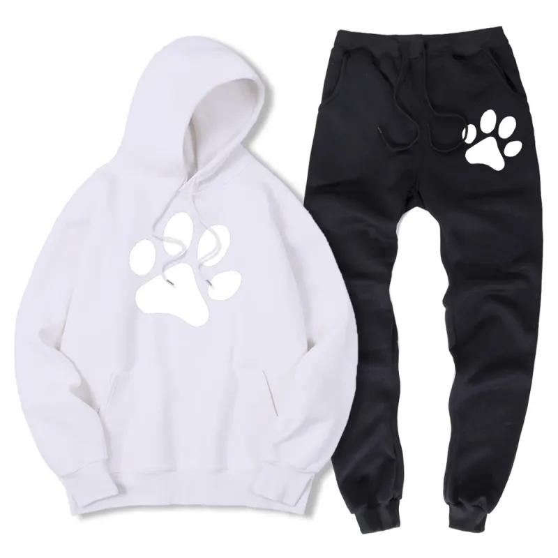 Tuta da Uomo Felpa e Pantaloni da Tuta con Stampa Zampa di Cane Cartone Animato Autunno Inverno Caldo Pile Set da 2 Pezzi Abbigliamento Sportivo Tuta Maschile
