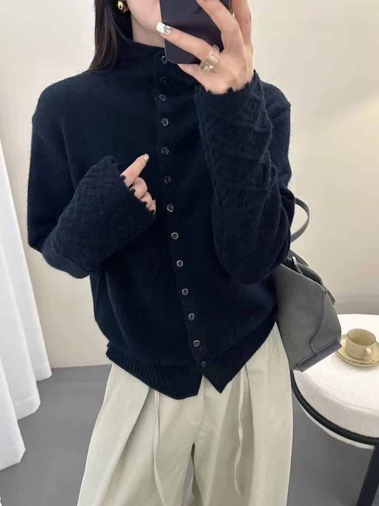 Alice Women's Korean Style Lace Trim Knit Cardigan - Slimming Long Sleeve, Washed Pure Color Design, Single Breasted.