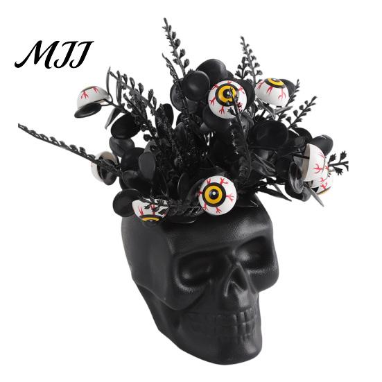 Durable Plastic Skull Spooky Figurine, Black Red Rose Creepy Eyeballs Skeleton Halloween Ornament Table Centerpiece for Tabletop, Desk, Mantel, Shelf,