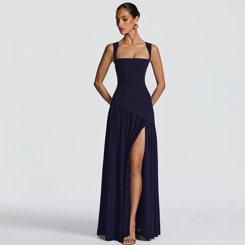 Women Navy Blue Halter Neck Sleeveless Bodycon Maxi Dress with High Slit S