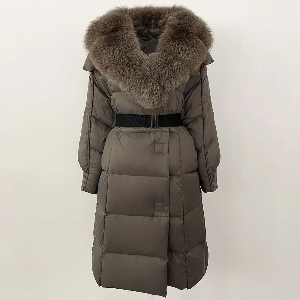 OFTBUY Winter Jacket Women Long Natural Real Raccoon Fox Fur Collar White Duck Down Coat Belt Thick Warm Casual Outerwear