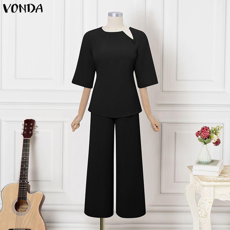 VONDA 2PCS Women 3/4 Sleeve Blouse and Pants Casual Elegant Two Piece Suit Sets