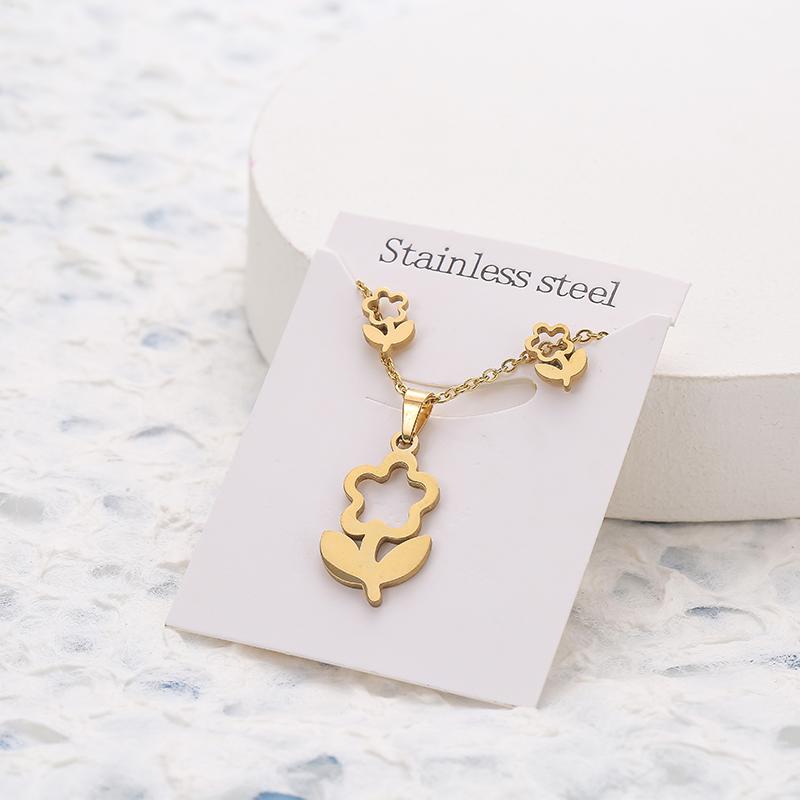 New Animal Flower Butterfly Stainless Steel Pendant Necklace Sets For Women Gold Color Chain Necklace Earrings Zircon Gifts