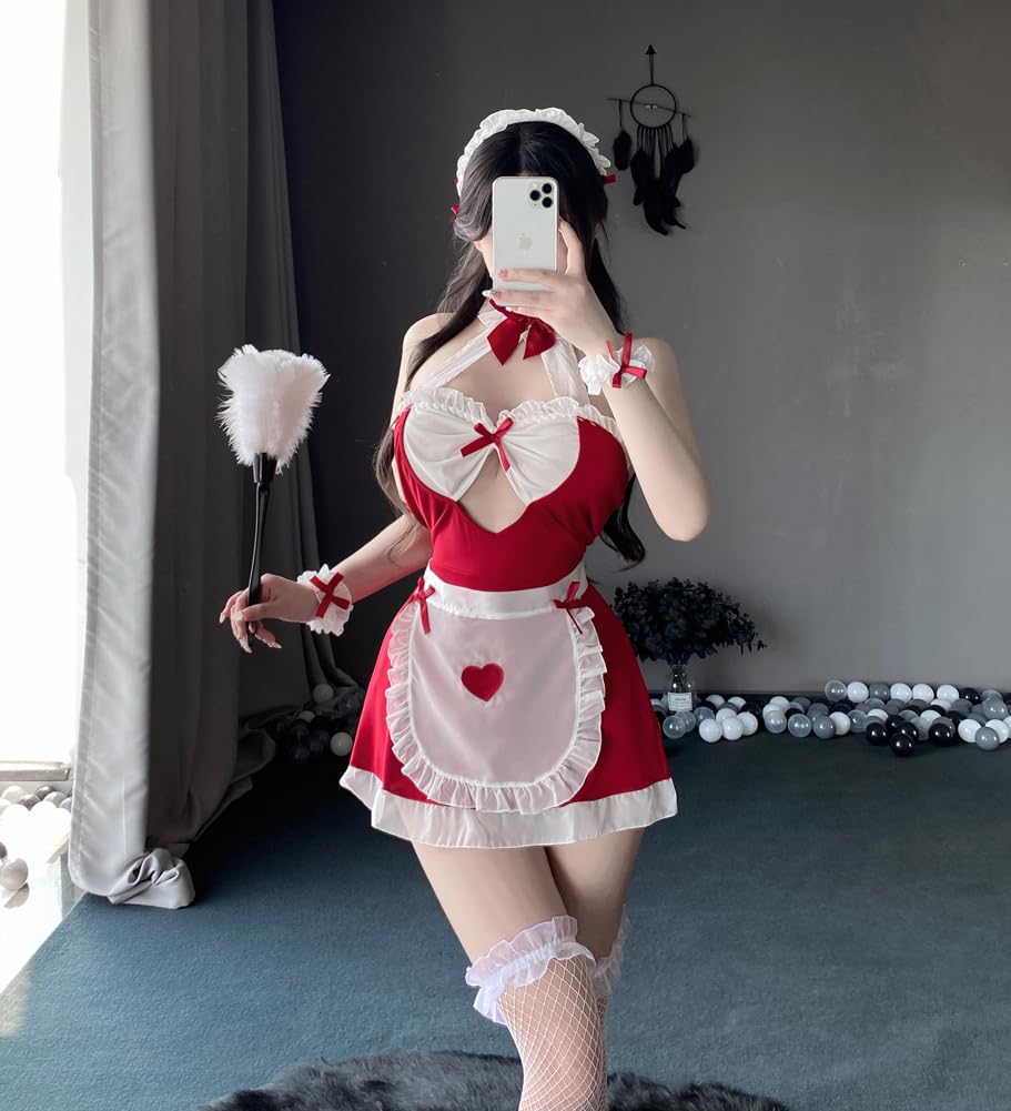 Cosplay Sexy Maid White Red Ribbon Mini Apron Cute Maid Cosplay Tube Top Bold Women Adults Tempting Fancy Dress Lingerie Christmas Day Anniversary