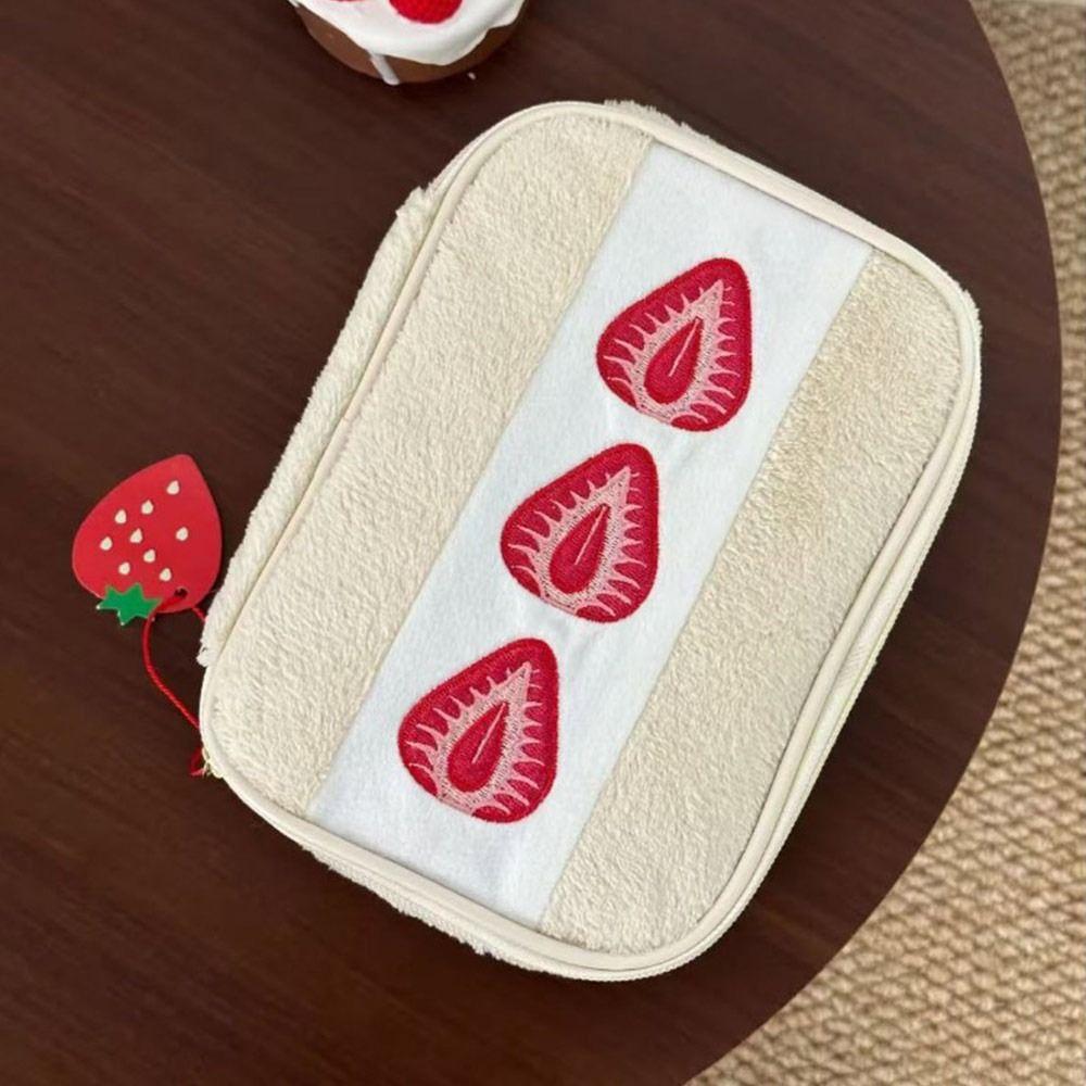 Kawaii Fuzzy Pen Bag Cute Embroidered Multi-functional Makeup Bag Strawberry Sandwich Cosmetic Bag School Office