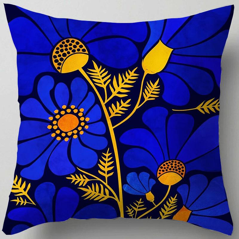 Blue Flower and Leaf Pattern Nordic Style Living Room Sofa Office Cushion Cover Home Decor Waist Pillow