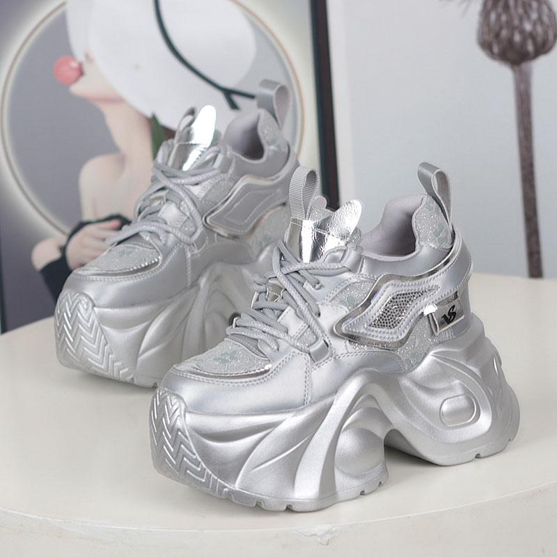 Fashion NEW Women Casual Platform Sneakers 12CM High Heels Winter Sports Leather Shoes Bling Trainers Chunky Boots Zapatillas Mujer