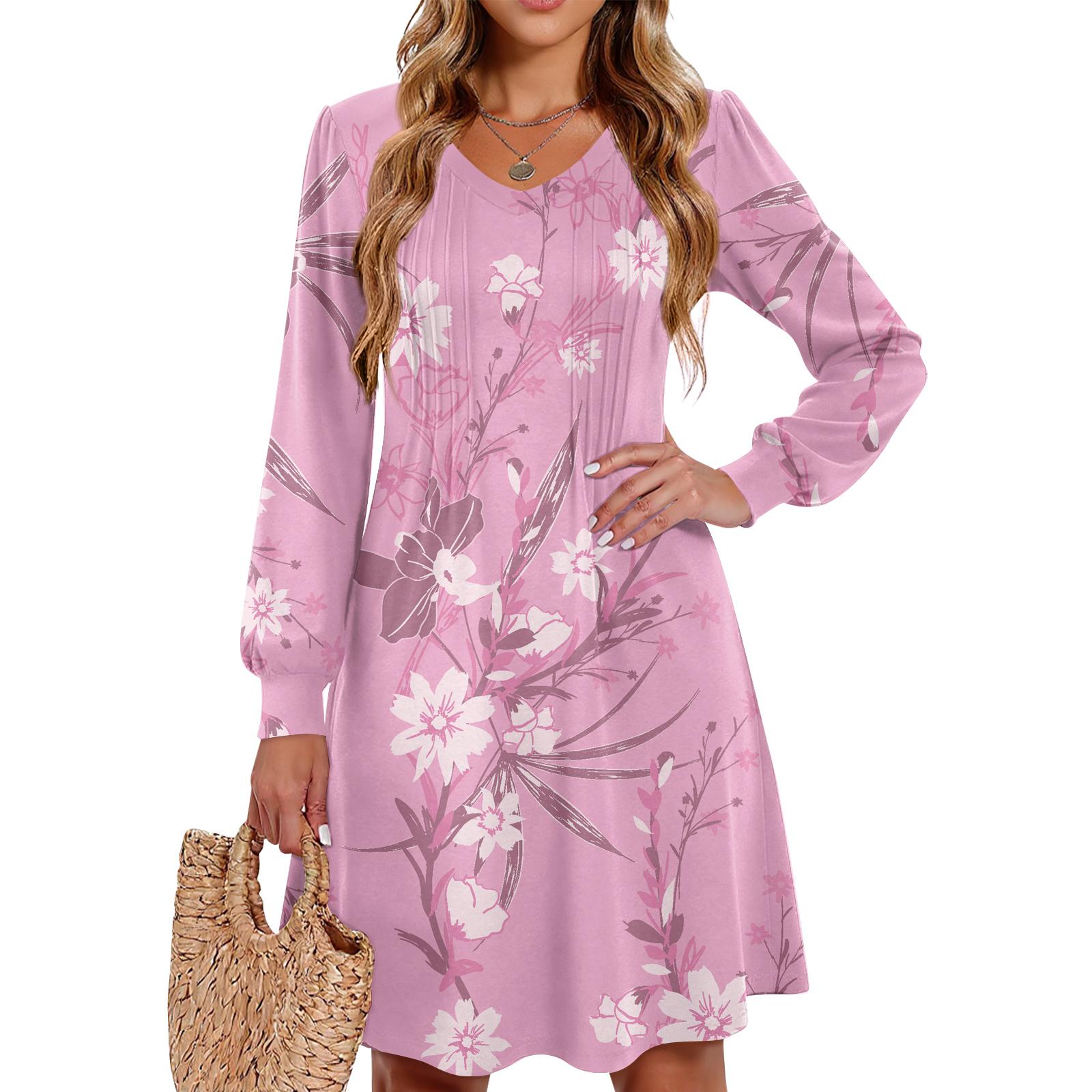 

Ladies Printed Casual And Fashionable V-neck Long Sleeved Mid Length Dress XXL рожевий