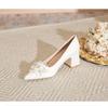 Women's Chunky Heel Satin Bridal Shoes - Pointed Toe with Floral Design for Weddings and Engagements