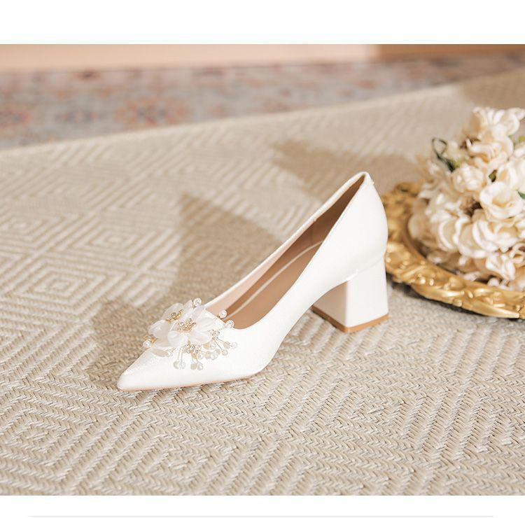 Women's Chunky Heel Satin Bridal Shoes - Pointed Toe with Floral Design for Weddings and Engagements