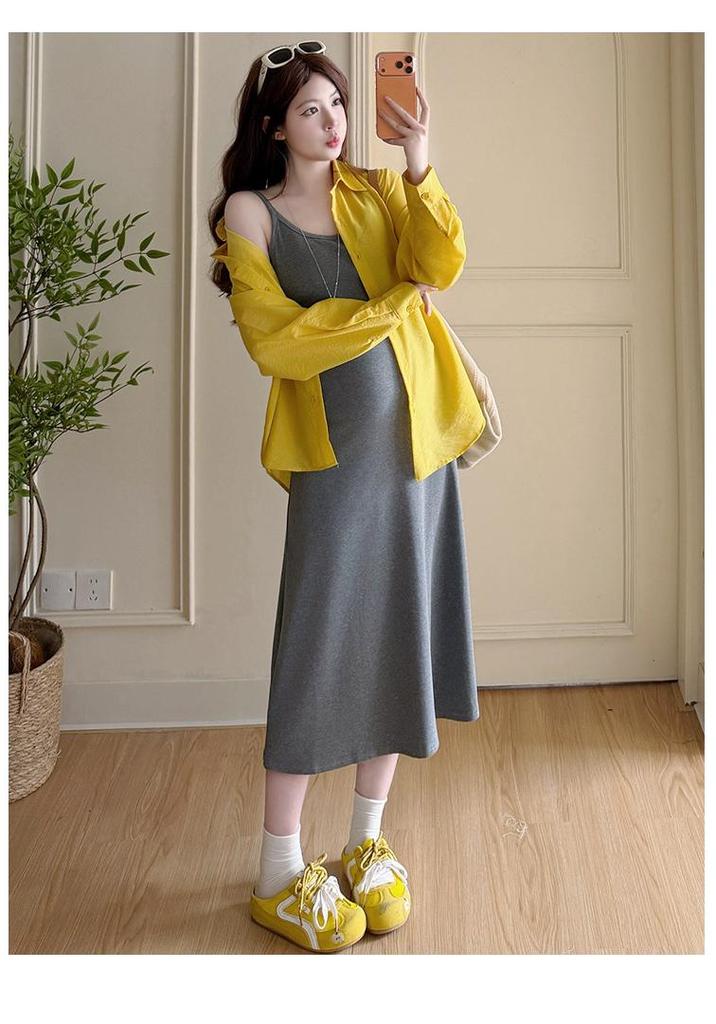 2026 Maternity Temperament Two-Piece: Summer Sun Protection Shirt & Waist-Cinching Camisole Dress