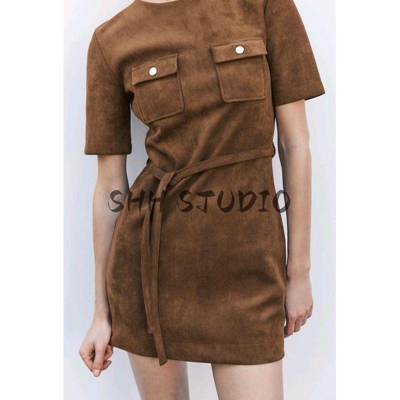 Women's Spring Clothing Fashion Style round Neck Short Sleeve with Belt Suede Texture Effect Dress 4344157